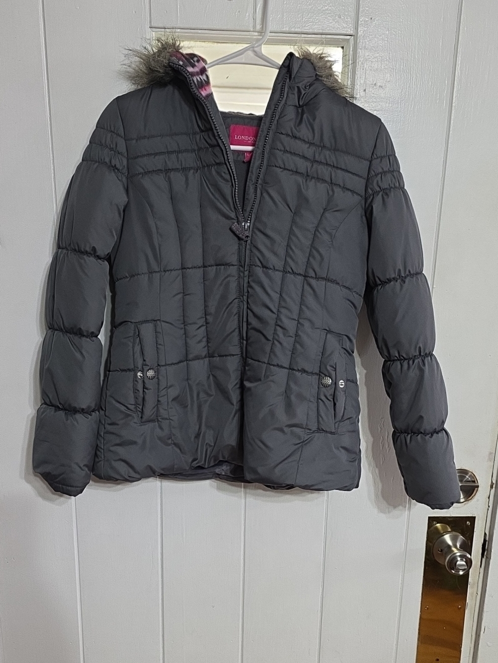 London Fog GIRL'S Hooded Jacket Coat Gray Quilted Zip Faux Fur Trim Sz 14-16 EUC